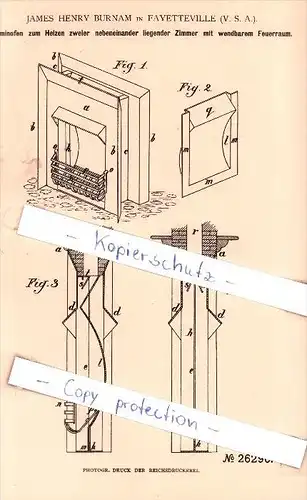 Original Patent - J. H. Burnam in Fayetteville , USA , 1883 , Heizungsanlagen !!!