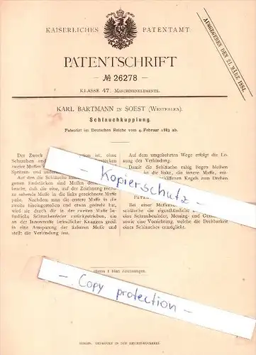 Original Patent - Karl Bartmann in Soest , Westfalen , 1883 , Schlauchkupplung !!!