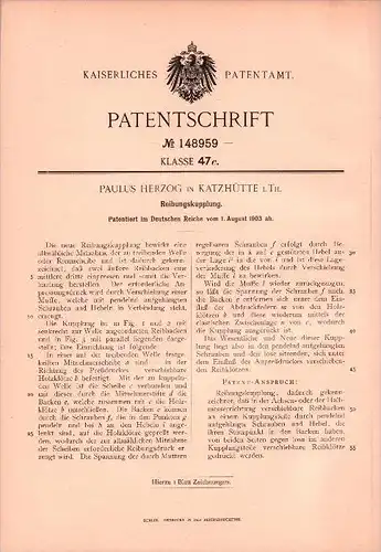 Original Patent - Paulus Herzog in Katzhütte i. Th.,1903, Reibungskupplung , Maschinenbau , Saalfeld - Rudolstadt !!!