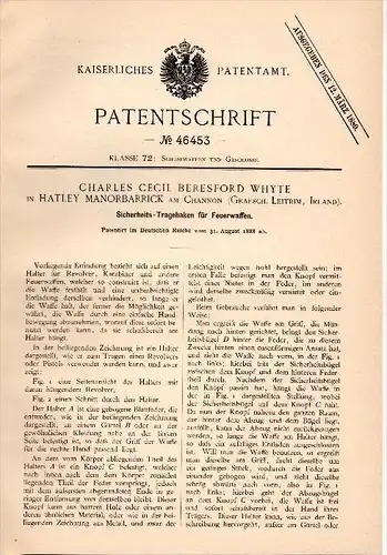 Original Patent -  Ch. Beresford Whyte in Hatley Manorbarrick on Channon , 1888 , hook for firearms , pistol , Leitrim