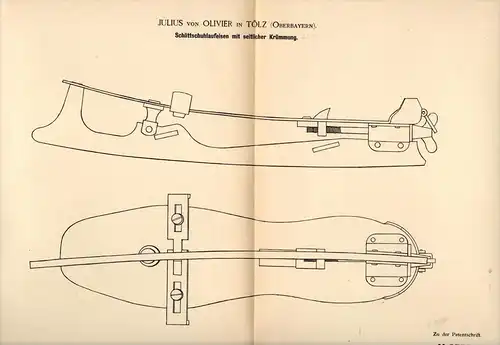 Original Patentschrift - Julius von Olivier in Tölz , 1890 , Schlittschuh - Laufeisen , Eislauf , Eiskunstlauf !!!