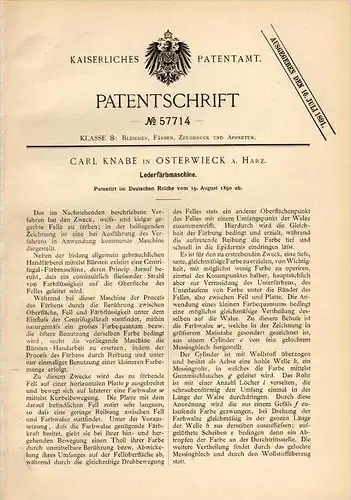 Original Patentschrift - Carl Knabe in Osterwieck a. Harz , 1890 , Leder - Färbmaschine , Färberei , Fell !!!