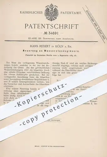 original Patent - Hans Reisert , Köln / Rhein , 1885 , Wasserstandsglas | Dampfkessel , Kessel , Dampfmaschine !!