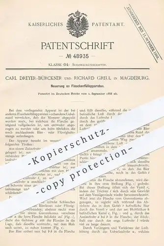 original Patent - Carl Dreyer Bürckner , Richard Greul , Magdeburg 1888 , Flaschenfüllapparat | Flaschen befüllen | Bier