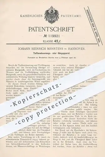 original Patent - Johann Heinrich Mehrtens , Hannover , 1900 , Tiefbewässerungs- oder Düngapparat | Düngen , Bewässerung