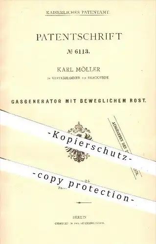 original Patent - K. Möller , Kupferhammer , Brackwede , 1878 , Gasgenerator , Gas , Generator , Generatoren , Ofen !!