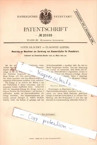 Original Patent - Louis Glauert in Plagwitz-Leipzig , 1882 , Musikalische Instrumente !!!