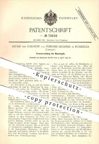 original Patent - Árpád von Gálocsy & Edmund Lechner in Ruszkicza , Ungarn , 1893 , Formen für Massenguss , Guss !!!