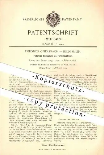 original Patent - Theodor Geiersbach in Hildesheim , 1899 , Federnde Pressplatte an Formmaschinen , Giesserei !!!