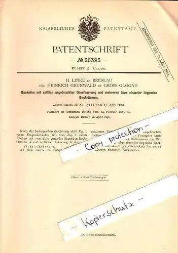 Original Patent - Heinrich Grunewald in Glogau , 1883 , Backofen mir Feuerung , Bäckerei , H. Linke in Breslau , Glogow