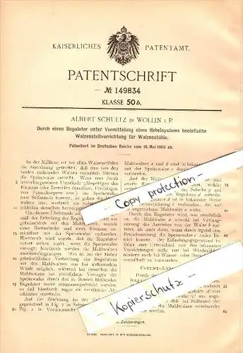 Original Patent - Albert Schultz in Wollin i. Pommern , 1903 , Regulator für Walzenstuhl , Wolin !!!