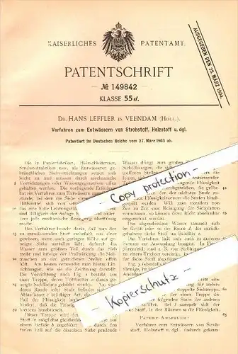 Original Patent - Dr. Hans Leffler in Veendam , 1903 , Entwässern von Strohstoff , Groningen !!!