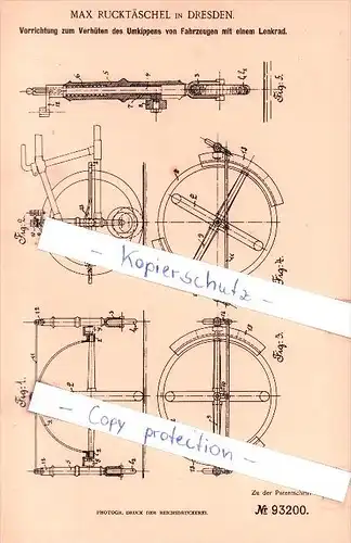 Original Patent - Max Rucktäschel in Dresden , 1896 , Verhüten des Umkippens von Fahrzeugen !!!