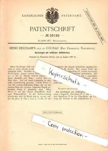 Original Patent - Henri Deschamps à Cognac , Charente , 1886 , Carreaux avec gouttière , Couvreurs !!!