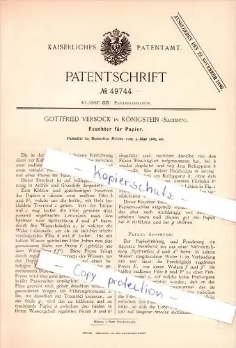 Original Patent - Gottfried Versock in Königstein i. Sachsen , 1889 , Feuchter für Papier , Papierfabrikation !!!