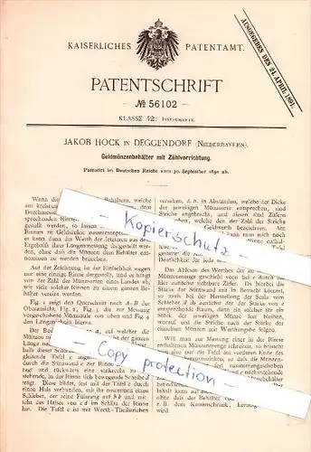 Original Patent - Jakob Hock in Deggendorf , Niederbayern , 1890 , Geldmünzenbehälter mit Zählvorrichtung , Sparkasse !!