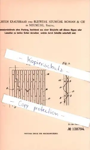 Original Patent -  Wilhelm Kraushaar und bleiwerk Neumühl Morian & Cie , 1901 , Sammelelektrode !!!