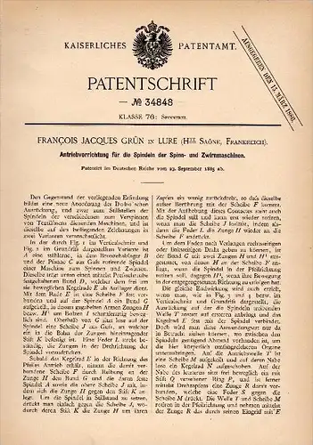 Original Patent - F.J. Grün dans Lure , Haute Saone , 1885 , Entraînement pour machine à filer , Spinning !!!