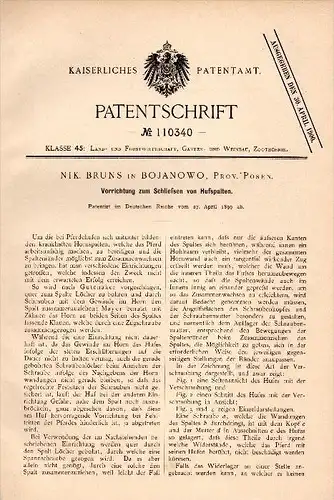 Original Patent - Nik. Bruns in Bojanowo , Posen , 1899 , Apparat für Hufe von Pferden , Hufeisen , Pferd !!!