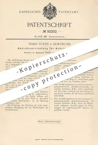 original Patent - Franz Sürth , Dortmund , 1896 , Abdichtung an Achslagerkasten | Eisenbahn - Achse | Bahn , Lokomotive
