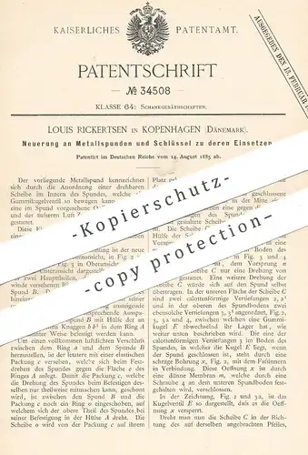 original Patent - Louis Rickertsen , Kopenhagen , Dänemark , 1885 , Metallspund mit Schlüssel | Metall Spund !!!