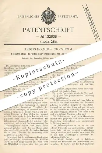 original Patent - Anders Holmer , Stockholm , Schweden , 1901 , Karbid einspeisen an Acetylengaserzeuger | Acetylen Gas