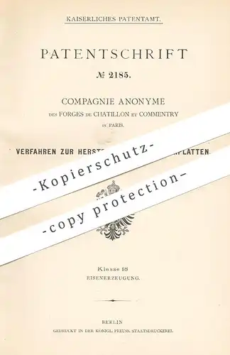 original Patent - Compagnie Anonyme des Forges de Chatillon et Commentry , Paris , Frankreich | Panzerplatten | Panzer