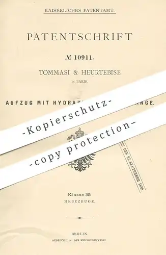 original Patent - Tommasi & Heurtebise , Paris , Frankreich , 1880 , Aufzug mit hydraulischem Gestänge | Fahrstuhl !!