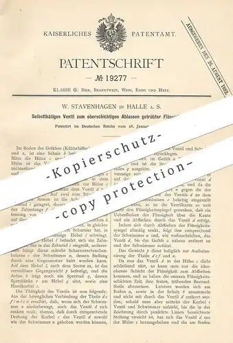 original Patent - W. Stavenhagen , Halle / Saale , 1882 , Ventil z. Ablassen getrübter Flüssigkeiten | Zapfanlage , Bier