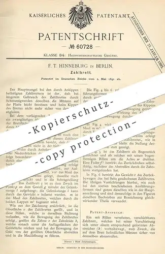 original Patent - F. T. Hinneburg , Berlin , 1891 , Zahlbrett | Münzbrett | Münzen , Geld , Kasse , Verkaufen !!!