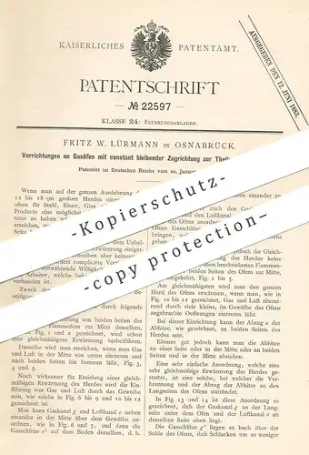 original Patent - Fritz W. Lürmann , Osnabrück , 1881 , Gasofen | Ofen für Stahl , Eisen , Glas , Chemie | Feuerung !!