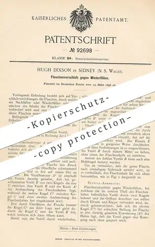 original Patent - Hugh Dixson , Sidney , N. S. Wales , 1896 , Flaschenverschluss gegen Wiederfüllen | Flasche , Flaschen