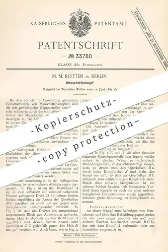 original Patent - M. M. Rotten , Berlin , 1885 , Manschettenknopf | Knopf , Knöpfe | Schneider , Kurzwaren !!