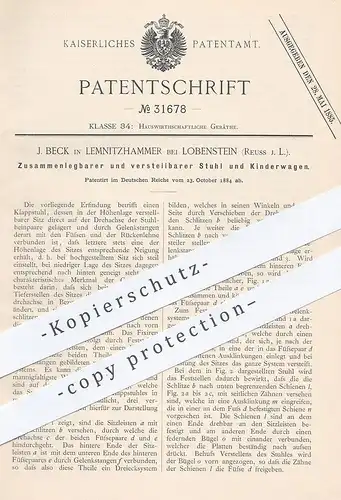 original Patent - J. Beck , Lemnitzhammer / Lobenstein , Reuss 1884 , Stuhl , Kinderwagen | Möbel , Stühle , Klappstuhl