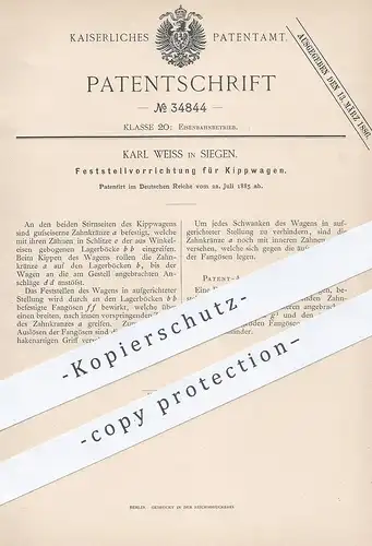 original Patent - Karl Weiss , Siegen , 1885 , Feststellvorrichtung für Kippwagen | Eisenbahn , Wagon , Eisenbahnen !!