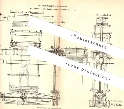 original Patent - Th. Nehlmeyer , Hannover , 1882 , Packpresse mit Schrauben- u. Hebelantrieb | Presse , Pressen | Torf