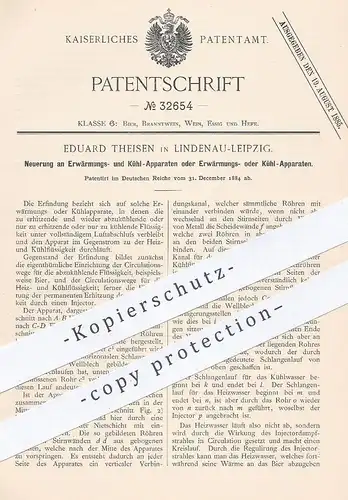 original Patent - Eduard Theisen , Leipzig / Lindenau , 1884 , Apparat zur Erwärmung u. Kühlung | Kühlschrank , Bier !!