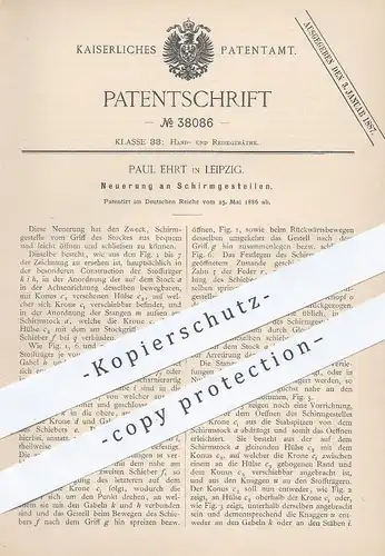 original Patent - Paul Ehrt , Leipzig , 1886 , Schirmgestell | Schirm , Regenschirm , Sonnenschirm , Schirmstock !!