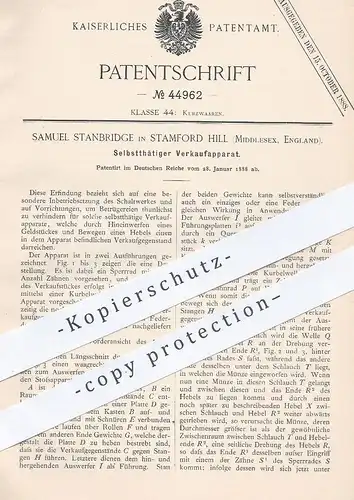 original Patent - Samuel Stanbridge , Stamford Hill , Middlesex , England , 1888 , Verkaufsautomat | Kassen -  Automat !