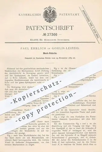 original Patent - Paul Ehrlich , Leipzig / Gohlis , 1883 , Musik - Ratsche | Musikinstrument | Musikwerk , Ratschen !!