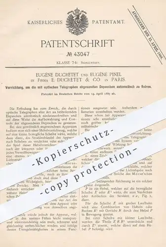 original Patent - Eugène Ducretet , Eugène Pinel , Paris , 1887 , Fixieren von Depeschen durch optische Telegraphen !!