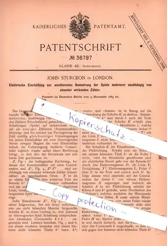 original Patent - John Sturgeon in London , 1885 , Elektrische Einrichtung zur Summirung der Spiele !!!