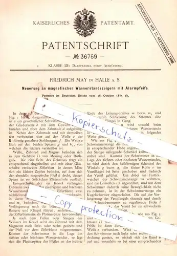 original Patent - Friedrich May in Halle a. S.  , 1885 , Neuerung an Wasserstandszeigern mit Alarmpfeife !!!