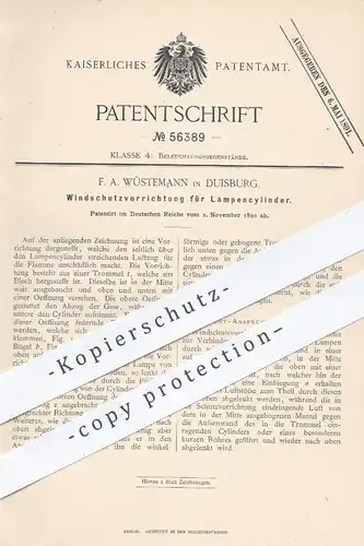 original Patent - F. A. Wüstemann , Duisburg , 1890 , Windschutz für Lampenzylinder | Lampe , Licht , Gaslampe , Gas !!