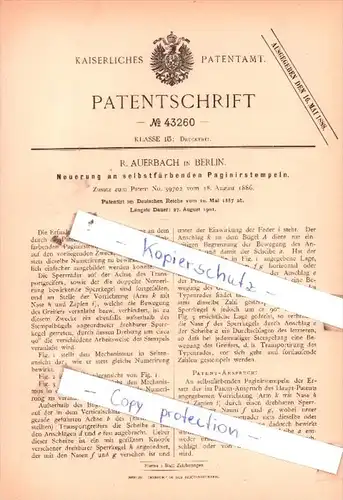 Original Patent  - R. Auerbach in Berlin , 1886 ,  Neuerung an Paginirstempeln !!!