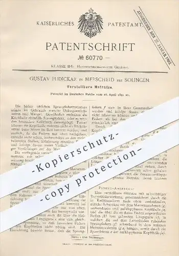 original Patent - Gustav Fudickar in Merscheid bei Solingen , 1891 , Verstellbare Matratze , Matratzen , Bett , Betten !