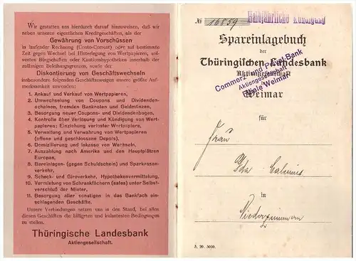 Sparbuch Weimar 1923 , Ida Calenius in Niederzimmern , Sparkasse , Bank !!!