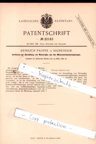 Original Patent  - Heinrich Propfe in Hildesheim , 1884 , Soda, Potasche und Alkalien !!!