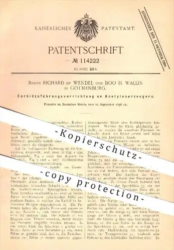 original Patent - Baron Richard de Wendel / Boo H. Wallin , Gothenburg , 1898 , Carbidzuführung am Acetylenerzeuger