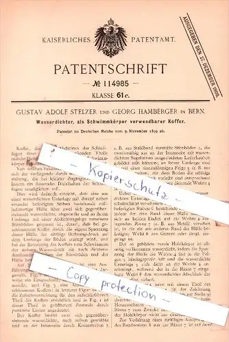 Original Patent  - Gustav Adolf Stelzer und Georg Hamberger in Bern , 1899 , Wasserdichter !!!